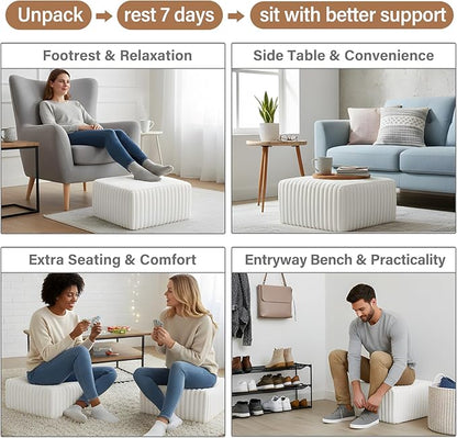 Tiita Suqre Stuffed Pouf Ottoman, Stripe Poufs 21×21×10 inch with Foam Chunk Filling, Floor Bean Bag Floor Chair Storage for Living Room Bedroom Home Decor, Beige