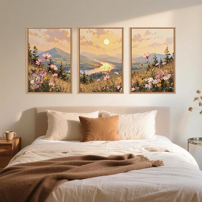 LHIUEM Large Boho Sunset Wildflower Framed Canvas Wall Art,Nature Pink Flower Wall Decor,Blossom Botanical Mountain Landscape Artwork for Living Room,Bedroom,Dining Room,Office -16"x24"x3