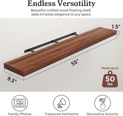 Floating Shelves for Wall, 9.3" Deep Wall Mounted Wood Shelves for Bathroom, Bedroom, Living Room, Kitchen, Hanging Shelf for Books/Storage/Room Decor (Walnut, 55")