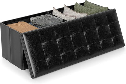 Giantex 43 Inches Folding Storage Ottoman Bench, Upholstered PU Leather Storage Chest with Side Pocket, Padded Seat, End of Bed Bench, Collapsible Ottoman Foot Rest for Living Room, Bedroom & Entryway