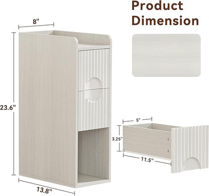 Narrow Nightstand Set of 2, Wood 2 Drawer Narrow Nightstand, Skinny Night Stand with Open Storage, Mid Century Modern Slim Bedside Table for Bedroom, White Oak