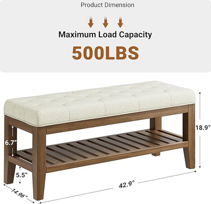 End of Bed Storage Bench, 42.9" Entryway Shoe Bench with Solid Wood Shelf, Upholstered Ottoman with Padded Seat for Bedroom, Hallway and Living Room, Beige