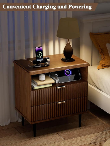 Modern Nightstand with Charging Station, 2-Drawer Fluted Wood Bedside Table with USB, Type-C & AC Outlets, Metal Legs, Perfect for Your Bedroom (Walnut, 23.3)
