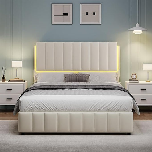 Full Size Bed Frame with LED Lights, Faux Leather Upholstered Platform Bed with Headboard and Wooden Slats Support, No Box Spring Needed, Noise-Free, Easy Assembly, Cream