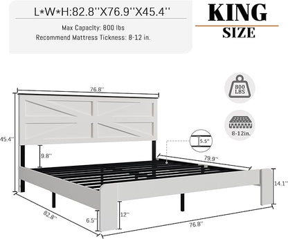 King Size Farmhouse Wooden Bed Frame with Headboard, Boho Platform Bedframe Sturdy Metal Slats Support, Spring Needed, Noisy Free, Easy Assembly (King, White)