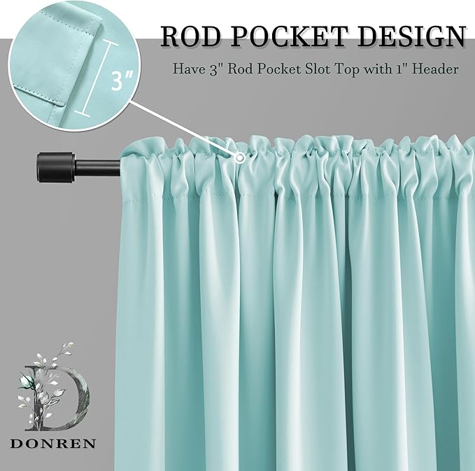 DONREN 48 Inch Curtains for Boy's Room - Room Darkening Thermal Insulated Window Drapes with Rod Pocket for Short Windows (2 Panels,52 x 48 Inch,Aqua)