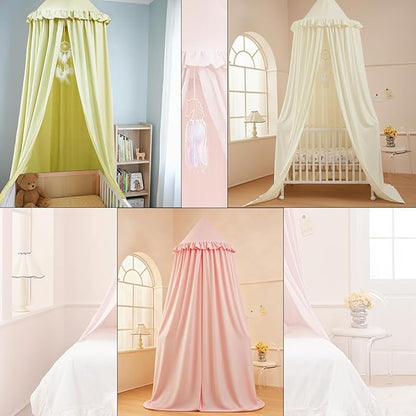 Akiky Kids Bed Canopy for Crib & Twin Size with Ruffles Dreamcatcher, Boys Princess Girls Nursery Room Decor Toddler Baby Dome Round Hanging Tent Curtains Skirt Over Bed Reading Nook Play Nougat