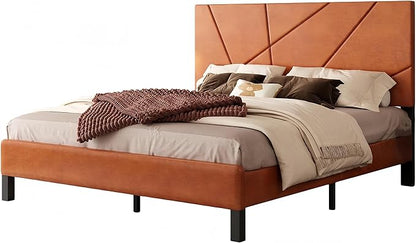 Upholstered Full Size Platform Bed Frame with Faux Leather Padded Headboard, Sturdy Metal Slats Support, No Box Spring Needed, Vintage Brown