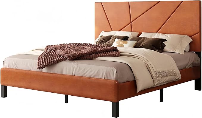 Upholstered Queen Size Platform Bed Frame with Faux Leather Padded Headboard, Sturdy Metal Slats Support, No Box Spring Needed, Vintage Brown