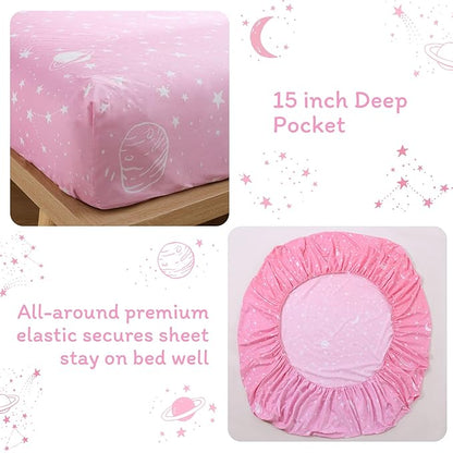 JSD Gradient Pink Moon Stars Kids Sheet Set Full Size, 4 Piece Space Theme Microfiber Sheets Deep Pocket
