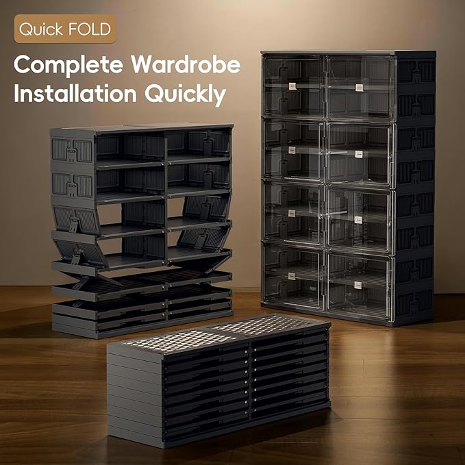 JEKO&JEKO 6-Tier Foldable Shoe Storage Cabinet with Magnetic Doors, Large Stackable Shoe Organizer Cabinet for Entryway, Clear Front Door Shoe Boxes Hold Up to 24 Pairs (Black)
