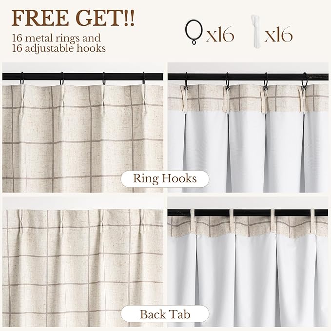 Plaid Pinch Pleated Curtains - Modern Luxury Linen Buffalo Blackout Drapes, Thermal Insulated Double Layer Window Panels for Living Room Bedroom, 120 Inches Long Brown 2 Panels Set