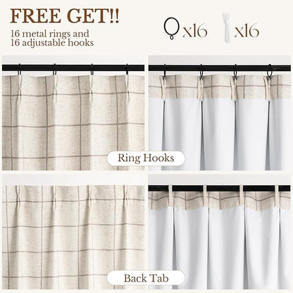 Plaid Pinch Pleated Curtains - Modern Luxury Linen Buffalo Blackout Drapes, Thermal Insulated Double Layer Window Panels for Living Room Bedroom, 90 Inches Long Brown 2 Panels Set