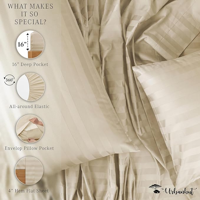 URBANHUT 800 Thread Count 100% Cotton Damask King Size Sheets, 4 Piece Striped King Size Bedsheets, Luxury Hotel Sheets Sateen Weave - Better Than Egyptian, 16" Elasticized Deep Pocket- Ivory