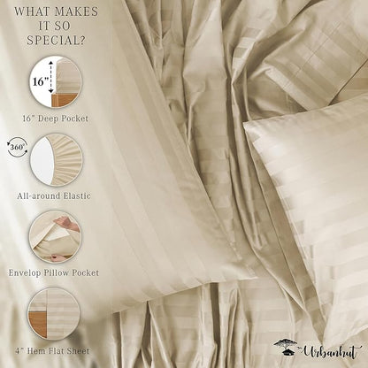 URBANHUT 800 Thread Count 100% Cotton Damask Twin Size Sheets, 4 Piece Striped Twin Size Bedsheets, Luxury Hotel Sheets Sateen Weave - Better Than Egyptian, 14" Elasticized Deep Pocket- Ivory
