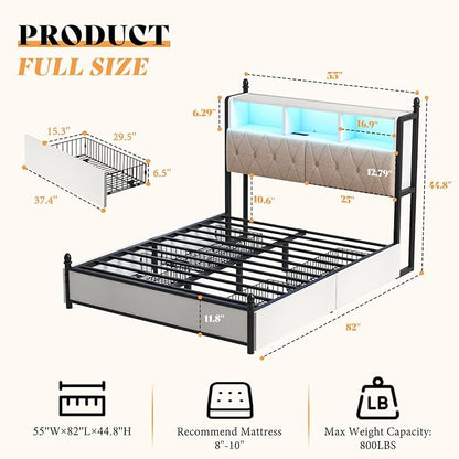 AMERLIFE Full Size Bed Frame with Bookcase Headboard and 4 Storage Drawers, Wooden Platform Bed with Charging Station and LED Light, No Box Spring Needed/Noise-Free, White