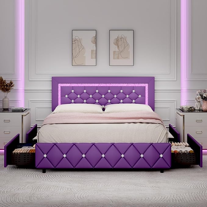 BarnFurin Full Size Bed Frame with Headboard, Faux Leather Upholstered Bed with Diamond Tufted Design, Mordern Bed Frame with Wooden Slats Suppor, No Box Spring Required, Easy Assembly, Purple