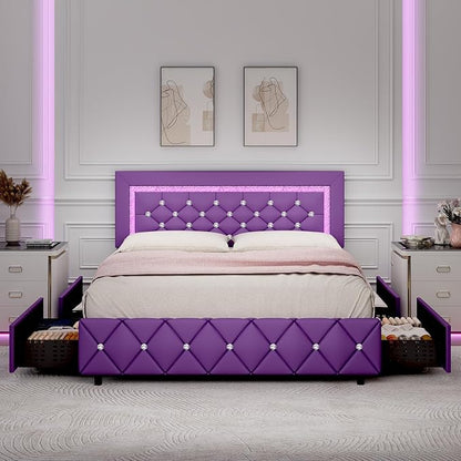 BarnFurin Full Size Bed Frame with Headboard, Faux Leather Upholstered Bed with Diamond Tufted Design, Mordern Bed Frame with Wooden Slats Suppor, No Box Spring Required, Easy Assembly, Purple