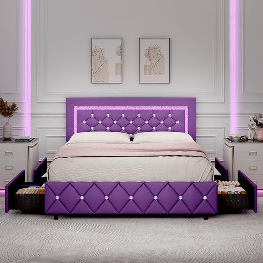 BarnFurin Full Size Bed Frame with Headboard, Faux Leather Upholstered Bed with Diamond Tufted Design, Mordern Bed Frame with Wooden Slats Suppor, No Box Spring Required, Easy Assembly, Purple