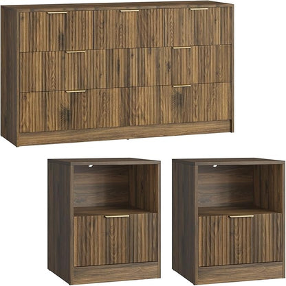 Fluted Dresser & Nightstand Set 3-Piece, 7 Drawer Dressers and Night Stand Set of 2 with Metal Handle, Fluted Mid Century Wood Chest of Drawers Storage Dressers Set for Bedroom, Walnut