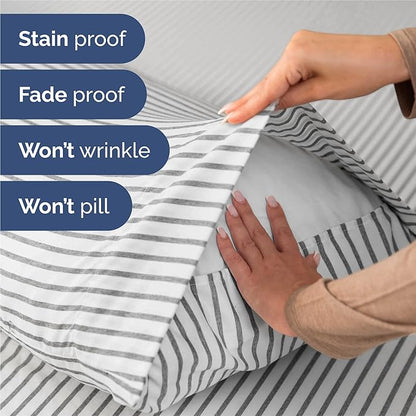 Split King 7 Piece Sheet Set - Cooling & Breathable - Hotel Luxury Bedding Includes Fitted Sheets for Women, Men, Kids & Teens - 1 Flat, 2 Fitted Sheets, 4 Pillowcases w/Deep Pockets - Grey Stripes