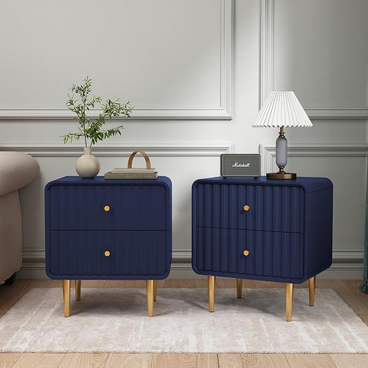 HLR Modern Nightstand Set of 2, Fluted Bed Side Table with 2 Drawers Storage, Wood End Table with Gold Metal Handle, Blue Night Stands for Bedroom
