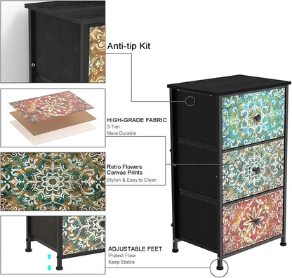 GiftGo Retro Dresser with Fabric Drawers Boho Mandala Flower Chest of Drawers Narrow Storage Tower for Small Spaces Gaps Bedroom Beautiful Nightstand Living Room Table (Mandala, 3 Drawers)