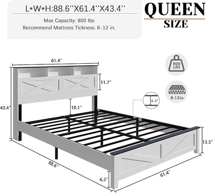 Queen Size Bed Frame with Wooden Storage Headboard, Farmhouse Platform Bedframe with LED Lights and Charging Station, Easy Assembly, No Box Spring Needed (White, Queen)