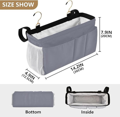 KOPIRIT Grey Bedside Caddy Storage Bag Bedside Organizer for Dorm Room Top Bunk Bed Organizer Caddy Hanging Shelf 6 Pockets with Hooks for Book Glasses Phone Holder