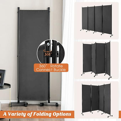GOFLAME 4 Panel Folding Room Divider, 6FT Rolling Privacy Screen with Lockable Wheels, Portable Room Partition Screen, Freestanding Wall Divider and Separator for Home Office, Grey