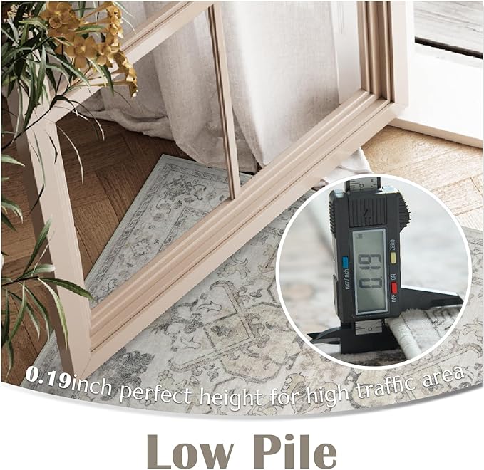 jinchan 2x3 Washable Rug for Entryway - Vintage Floral Ultra-Thin Low Pile Soft Small Non-Slip Distressed Indoor Doormat Accent Rug for Entrance Kitchen Bathroom Bedroom (2x3ft, Taupe)
