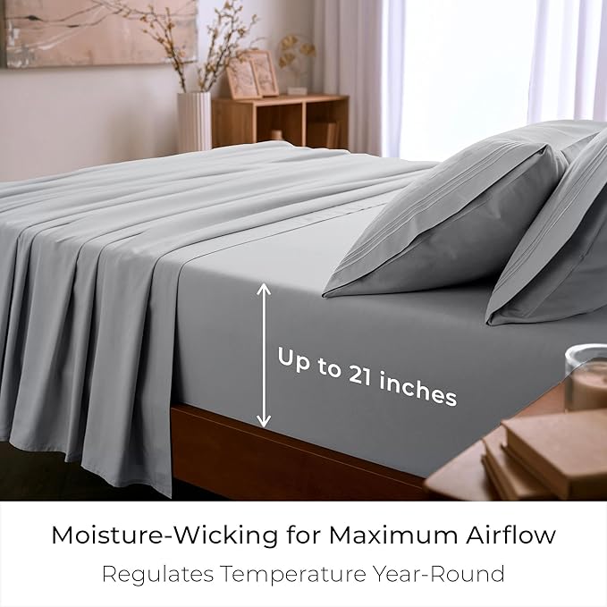 Mellanni Queen Sheet Set - 6-Piece Iconic Collection Bedding, (Including 4 Pillowcases), 21-Inch Extra Deep Pocket, Easy Care, Ultra Soft, Cooling Sheets, Brushed Microfiber - Light Gray