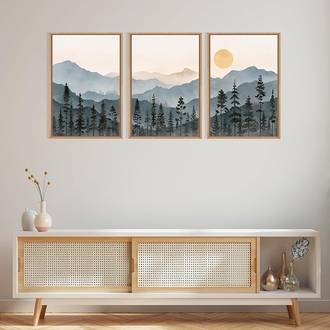 LHIUEM Boho Mountain Framed Canvas Wall Art Set,Forest Pine Tree Wall Decor, Sunrise Misty Wilderness Painting,Watercolor Nature Landscape Artwork for Living Room,Bedroom,Dining Room,Office -24"x36"x3