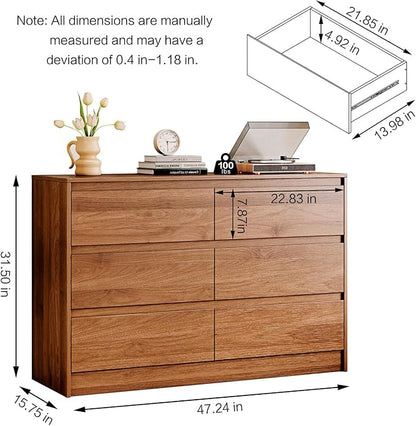 6 Drawer Dresser,47" Wide Mid Century Chest of Drawers,Wooden Bedroom Drawer Dresser with 6 Storage Drawers for Bedroom,Living Room,with Anti-Tipping Device,Dark Walnut