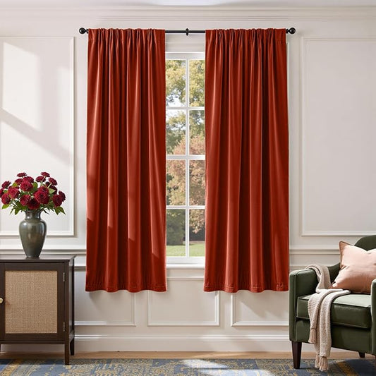 Lazzzy Velvet Blackout Curtains Thermal Insulated Room Window Drapes Super Soft Luxury Curtains for Living Room Bedroom Rod Pocket 2 Panels, Rust Red, 52" W x 72" L