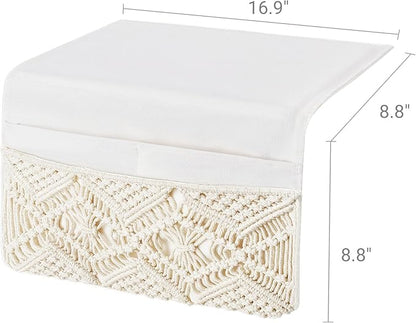 Mkono Macrame Bedside Caddy Storage Organizer Boho Remote Control Tablet Magazine Holder with 4 Pockets Non-slip Countertop Bedside Caddy for Home Bedroom Living Room College Dorm Bed, Ivory, Large