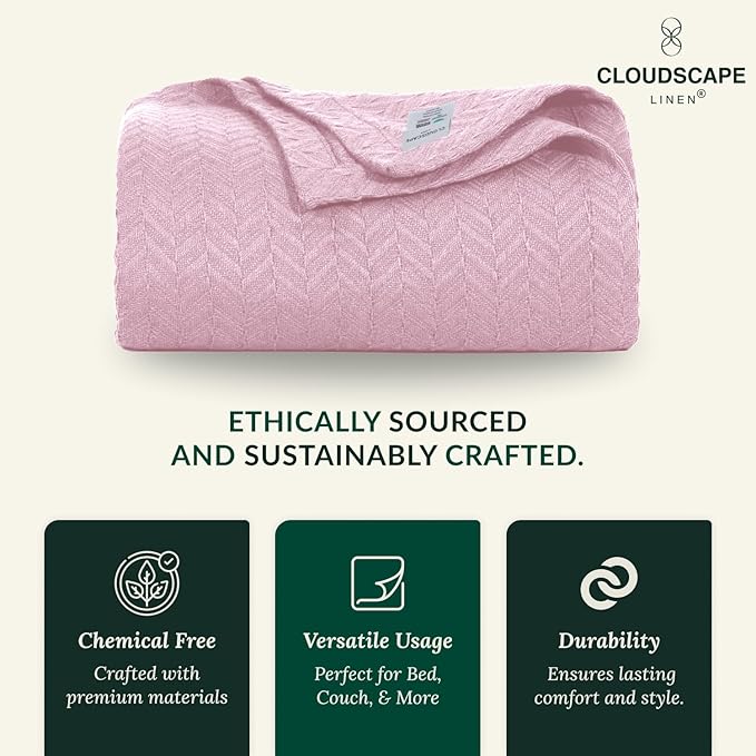 Cloud Scape Linen 100% Cotton Blanket King 92x108 Seashell Pink- Cozy Herringbone Weave, Fits Up to Cal King Beds, Breathable Softness, All-Season Warmth, Heavy Layering Winter Blanket