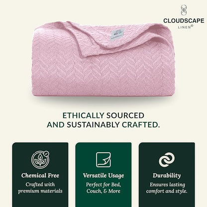 Cloud Scape Linen 100% Cotton Blanket King 92x108 Seashell Pink- Cozy Herringbone Weave, Fits Up to Cal King Beds, Breathable Softness, All-Season Warmth, Heavy Layering Winter Blanket