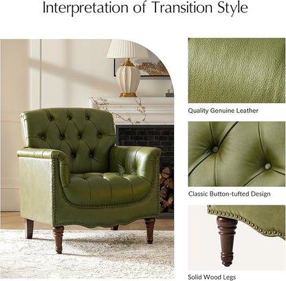 HULALA HOME Mid Century Modern Leather Club Chairs Set of 2, Top-Grain Genuine Leather Armchairs with Button-Tufted Back & Solid Wood Legs, Accent Chairs for Living Room/Bedroom/Home Office, Olive