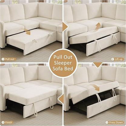 111'' Sectional Sleeper Sofa with Pull Out Bed, U Shaped 6 Seat Modular Couch with Storage Chaise, Modern Sectional Couch, Cloud Chenille Sofa Bed for Living Room Apartment, Beige