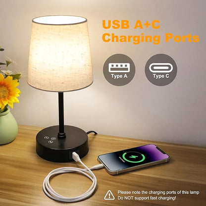 Ascher Small Bedside Table lamp Set of 2, RGB Color Changing Lamps, 3 Color Temperatures, Dimmable Nightstand Lamp with USB C+A Ports, Touch Desk Lamp for Bedroom Living Room, H11.4in(Flaxen Shade)