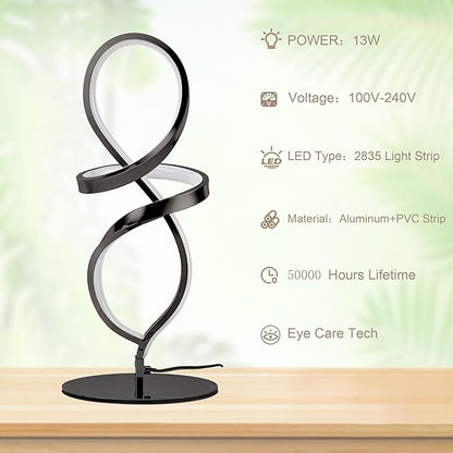 Mayful Modern Lamp with LED Spiral Design, Bedside Lamp with Stepless Dimming Switch, Contemporary Nightstand & Black Table Lamp for Bedroom, Living Room, Home Office, 12W 3200K Warm White,2 Pack