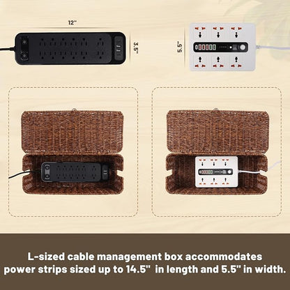 BROWNLILY Cable Management Box, Rattan Style Cord Organizer for Desk Cord Hider Outlet Covers Baby Proofing for Power Strip TV PC Router Charger Under Desk Storage with Lockable Lid and Cable Ties