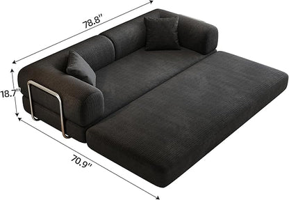 79" Convertible Sofa Bed, Corduroy Folding Pull Out Couch with Pillows, No Assembly Modern Boneless Couch Compression Sofa in Box, Floor Sofa with Support Rods for Living Room,Black