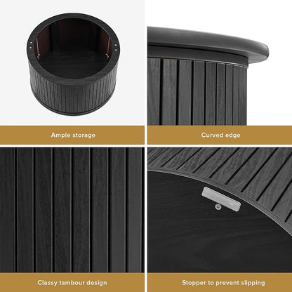 mopio Quin Tambour Round Circle Coffee Table with Storage, Drum Accent, Mid Century Modern, Wood, Fluted Center, Tea Table with Removable Lid, Living Room (Black Oak)