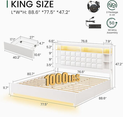 LARMACE King Size Bed Frame with 4 Storage Drawers and Bookcase Headboard, Faux Leather Upholstered, Wooden Platform Bed Frame with Charging Station and LED Lights, No Box Spring Needed, White