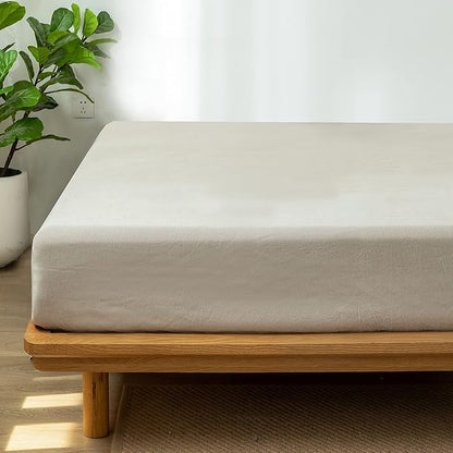MooMee Fitted Bottom Sheet Only 100% Washed Cotton Linen Like Textured Breathable Durable Soft Comfy Deep Pocket Fits Mattress up to 17" (Tannish Linen Grey, Queen)
