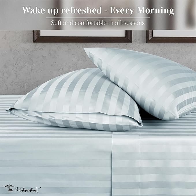 URBANHUT 800 Thread Count 100% Cotton Damask Full Size Sheets, 4 Piece Striped Full Size Bedsheets, Luxury Hotel Sheets Sateen Weave - Better Than Egyptian, 16" Elasticized Deep Pocket- Light Blue