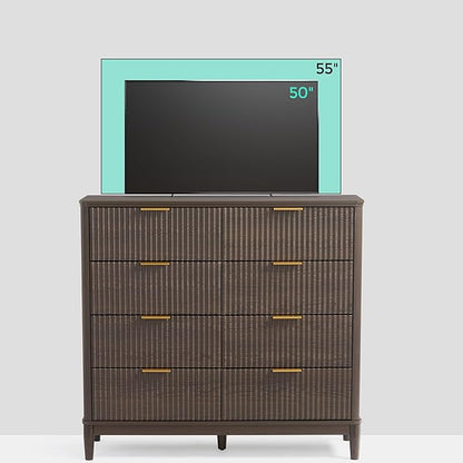 LINSY Fluted Dresser for Bedroom with 8 Drawers, Mid Century Modern Chest of Drawers with Gold Metal Handles, Wide Boho Wood Dressers, Large Farmhouse Storage Cabinet for Bedroom, Living Room, Walnut