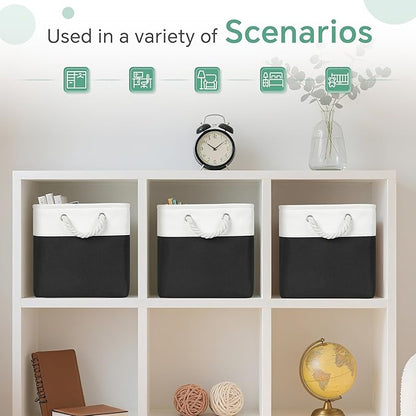 Large 11x11 Inch Cube Storage Bins with Cotton Handles for Closet, Shelves, Clothes, Towel (White/ Black-6 Pack)